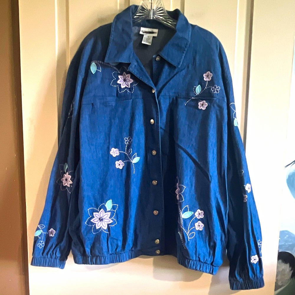 Alfred Dunner Blue Floral Embroidered Button Front Jacket Pockets Womens 16